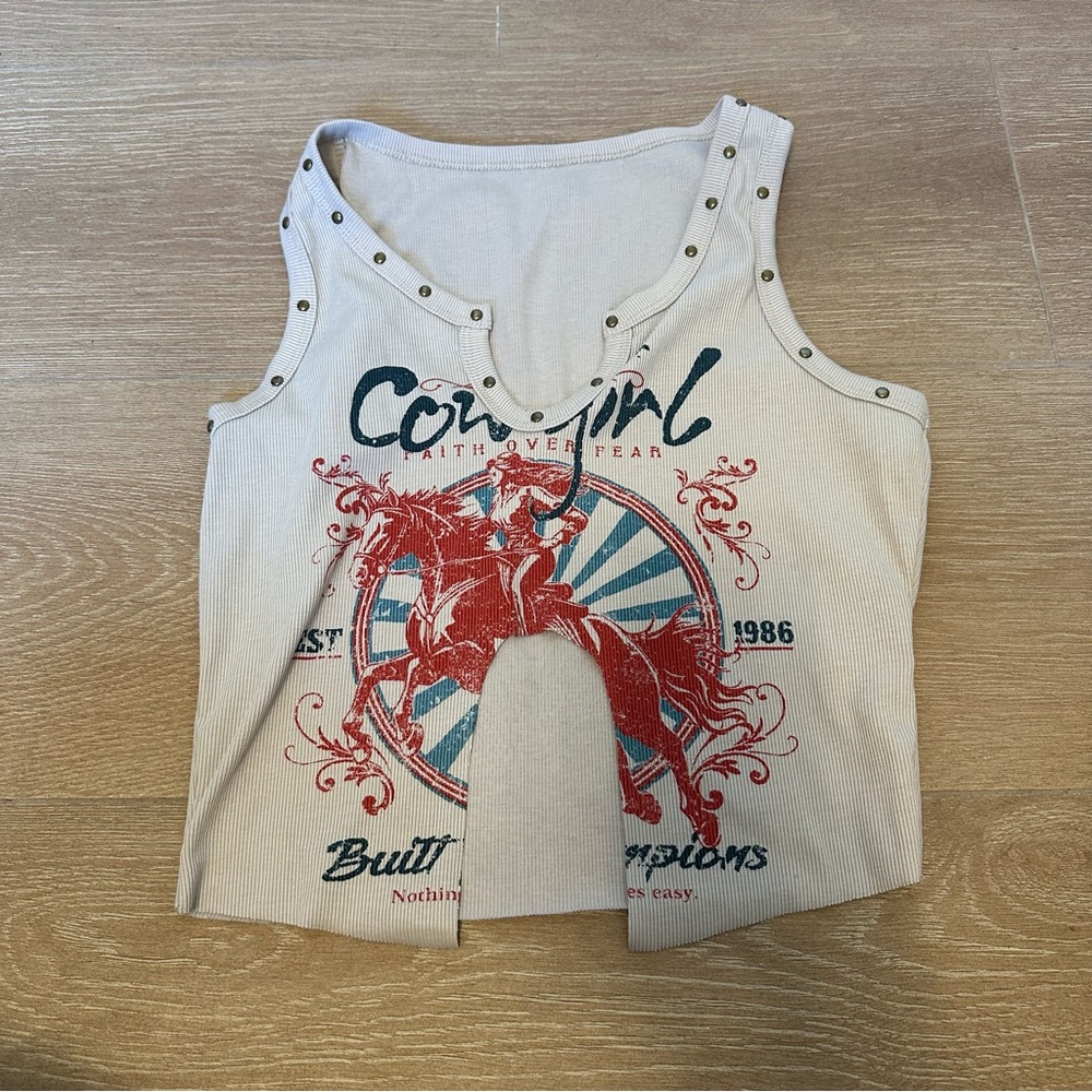 5 for $25 SHEIN Graphic Stud-Trim cutout Tank Top with Rodeo Print